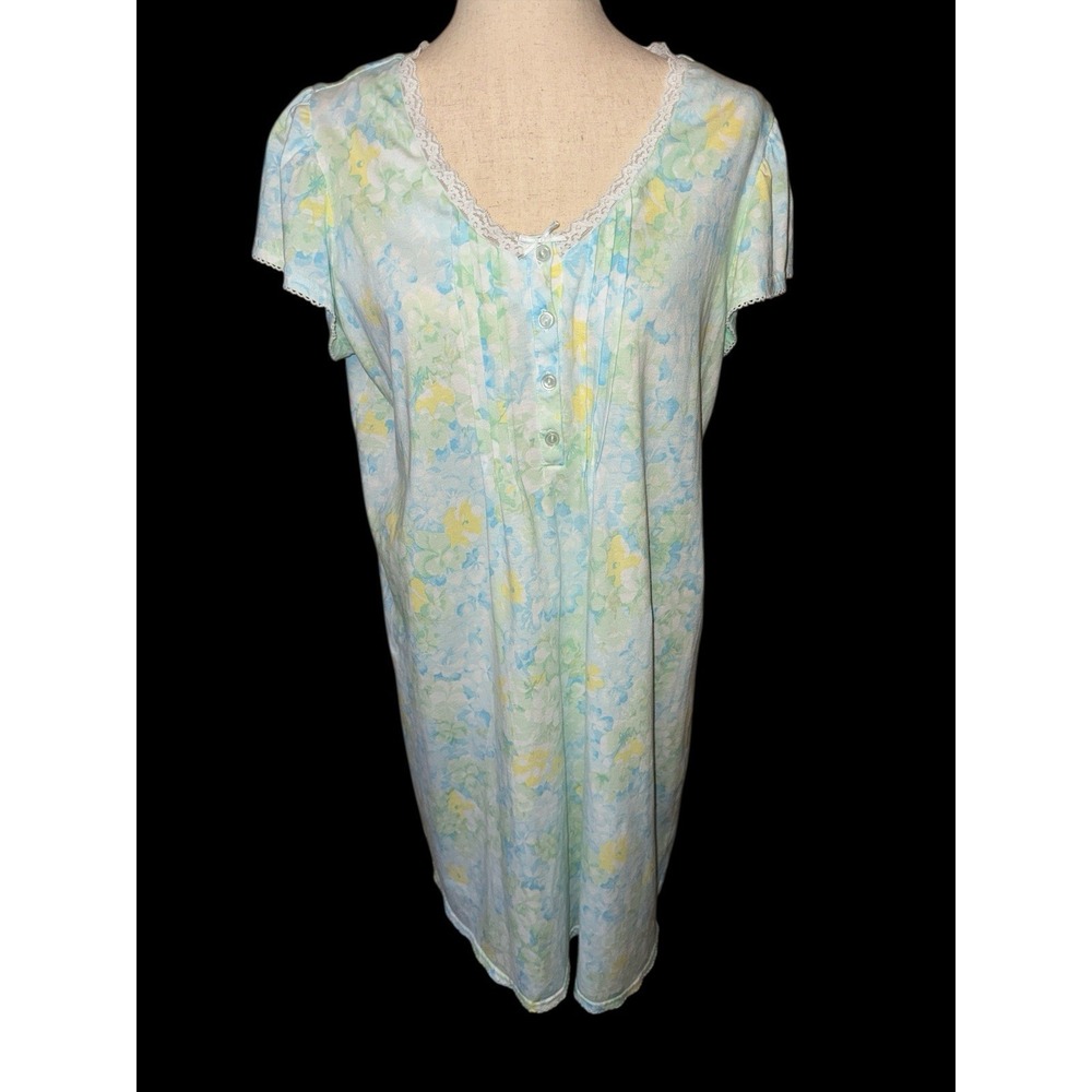 Miss Elaine Nightgown Womens Large Blue Floral Lace Trim Short‎ Sleeve Knit Gown